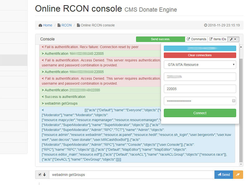 RCON console for the site